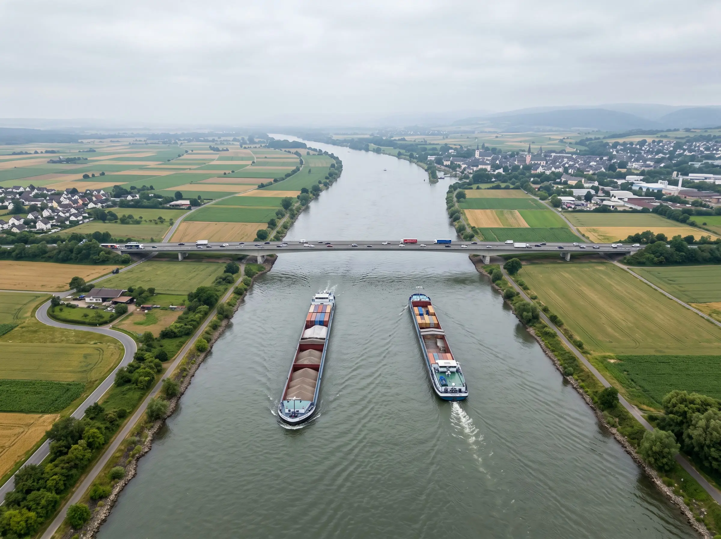 Two cargo vessels pass beneath a river bridge.